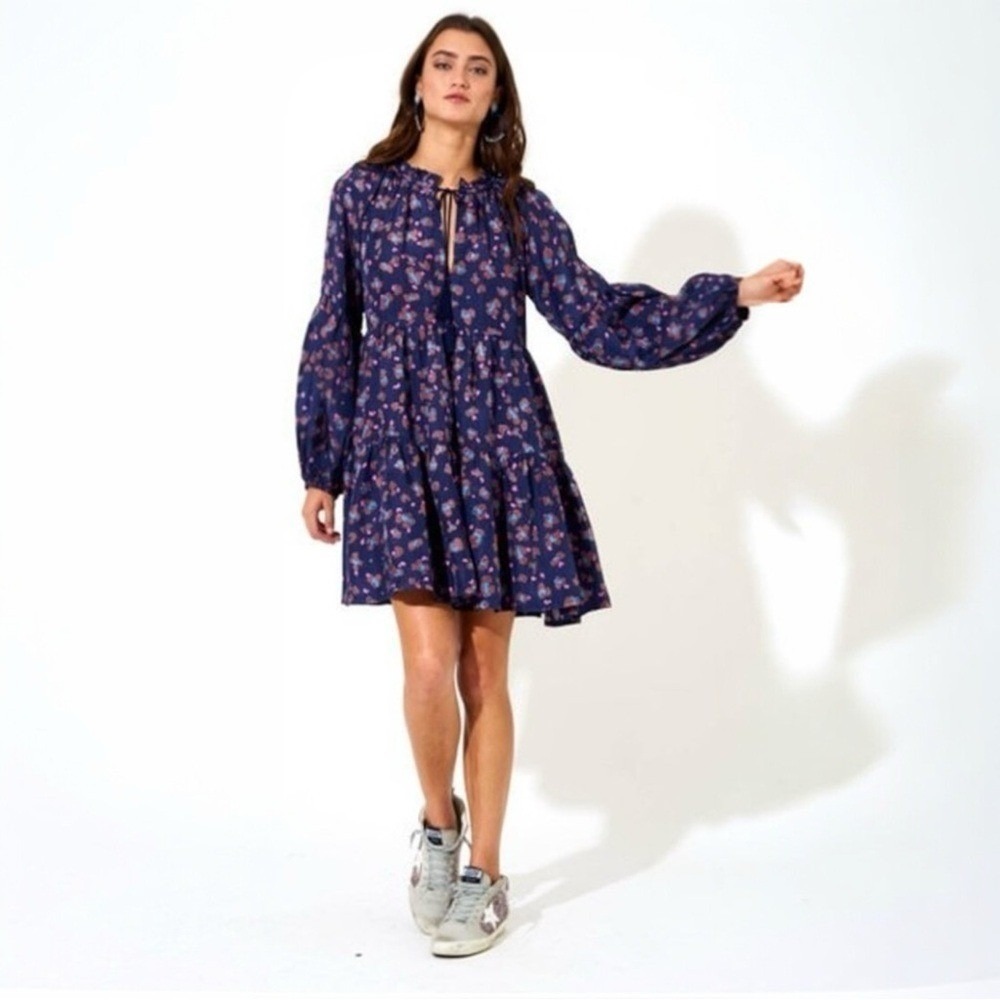 Oliphant Balloon Sleeve Navy Leopard‎ Print Tiered Mini Dress Size XS